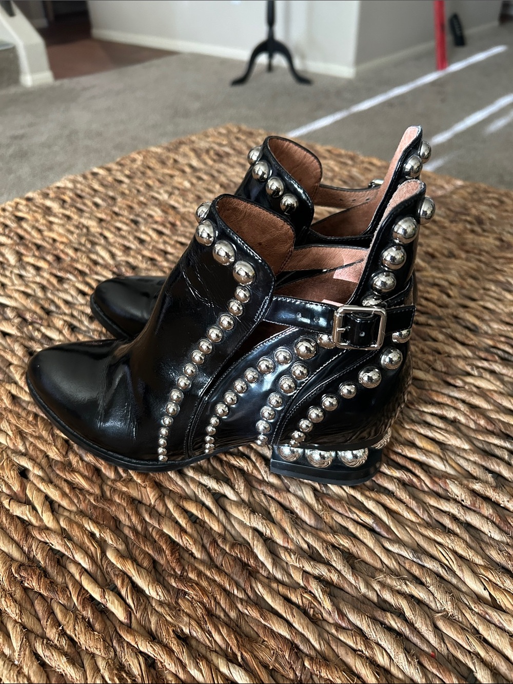 Jeffrey Campbell Rylance Black Patent Silver Studded Ankle Boots Wrap Buckle. - Picture 3 of 6